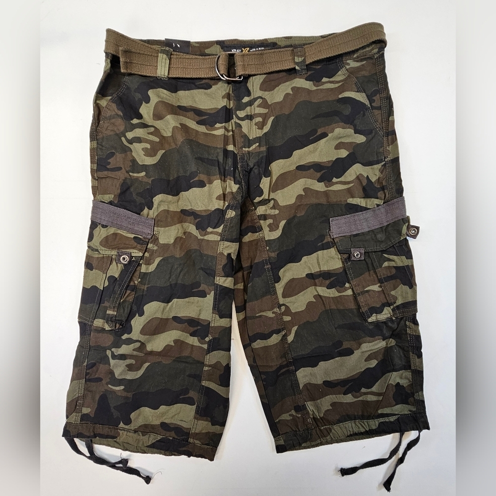 XRAY Shorts Men's 42 Jeans Belted Snap Detail Cargo Pocket Green Camo Hunt
